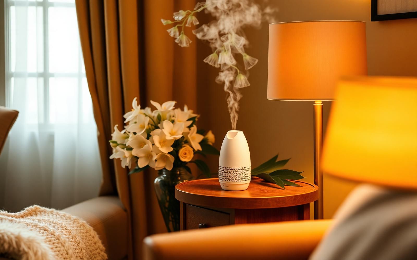 45 Days of Freshness: How Whitix Air Fresheners Are Formulated to Last Whitix gel air freshener releasing soft fragrance mist on a wooden side table, next to fresh jasmine flowers and a warm bedside lamp