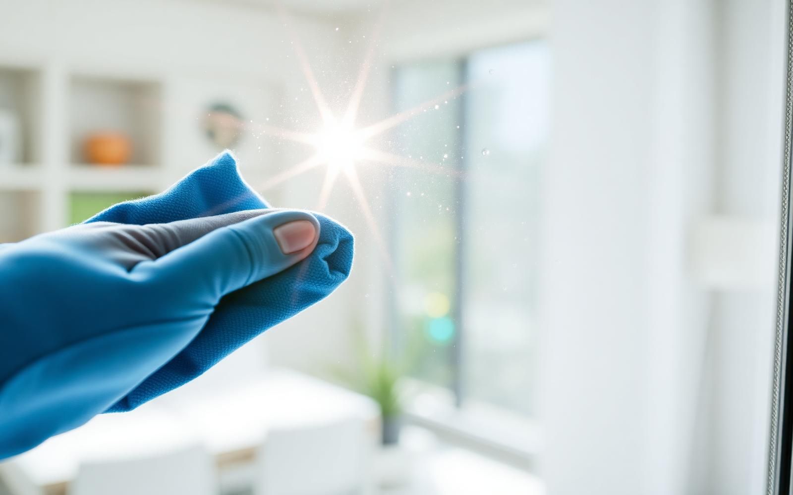 How to Get Streak-Free Glass Every Time: With Whitix Glass Cleaner Blue microfibre cloth wiping a sparkling streak-free glass window with sun glare through the pane