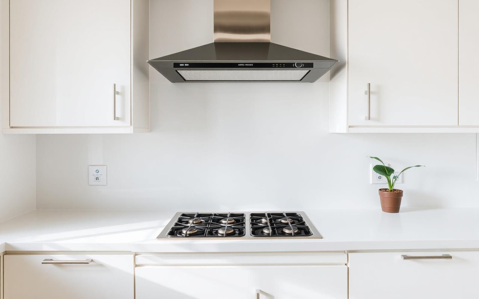 Kitchen Grease Removal: A Step-by-Step Guide with Whitix Power Cleaner Spotless modern Indian kitchen with stainless steel chimney, glass backsplash and a clean gas hob after a Whitix Power Cleaner deep-clean