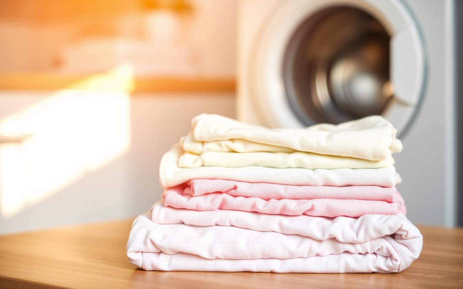 Fabric Care 101: Superwash vs. Eco Detergent vs. Lightwash Pouches — Which One's for You? Stack of neatly folded pastel laundry on a wooden surface with a front-load washing machine softly out of focus in the background