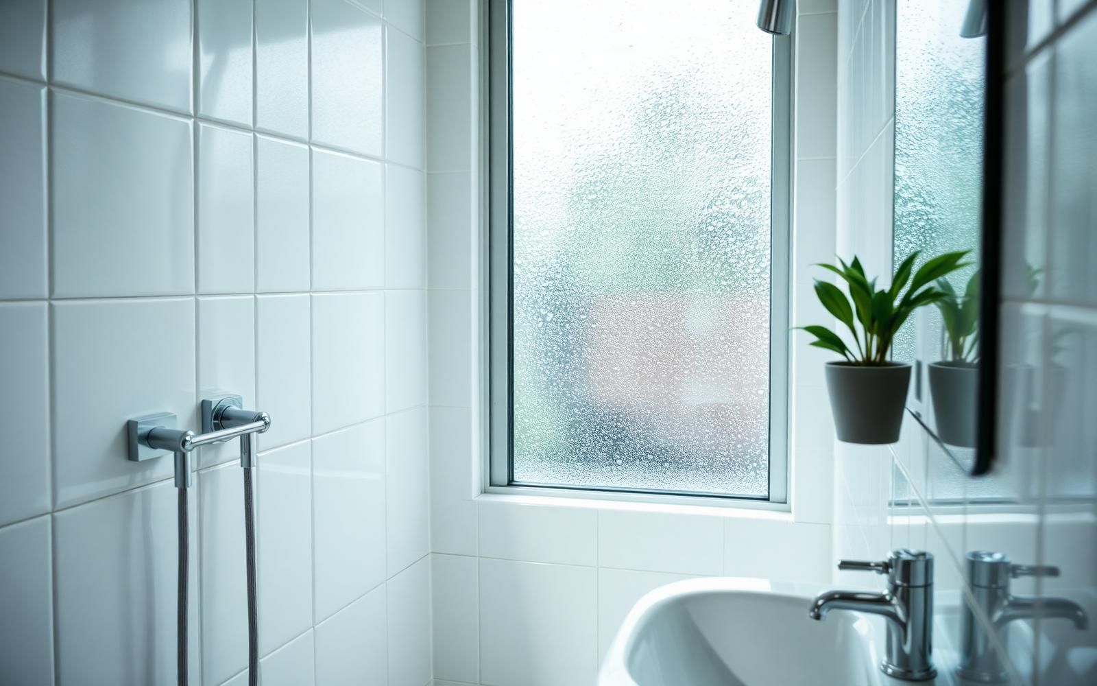 Monsoon Hygiene: Keeping Bathrooms Mould- and Odour-Free During the Rains Bright modern Indian bathroom with white tiles, chrome fittings and a rain-streaked window during monsoon season