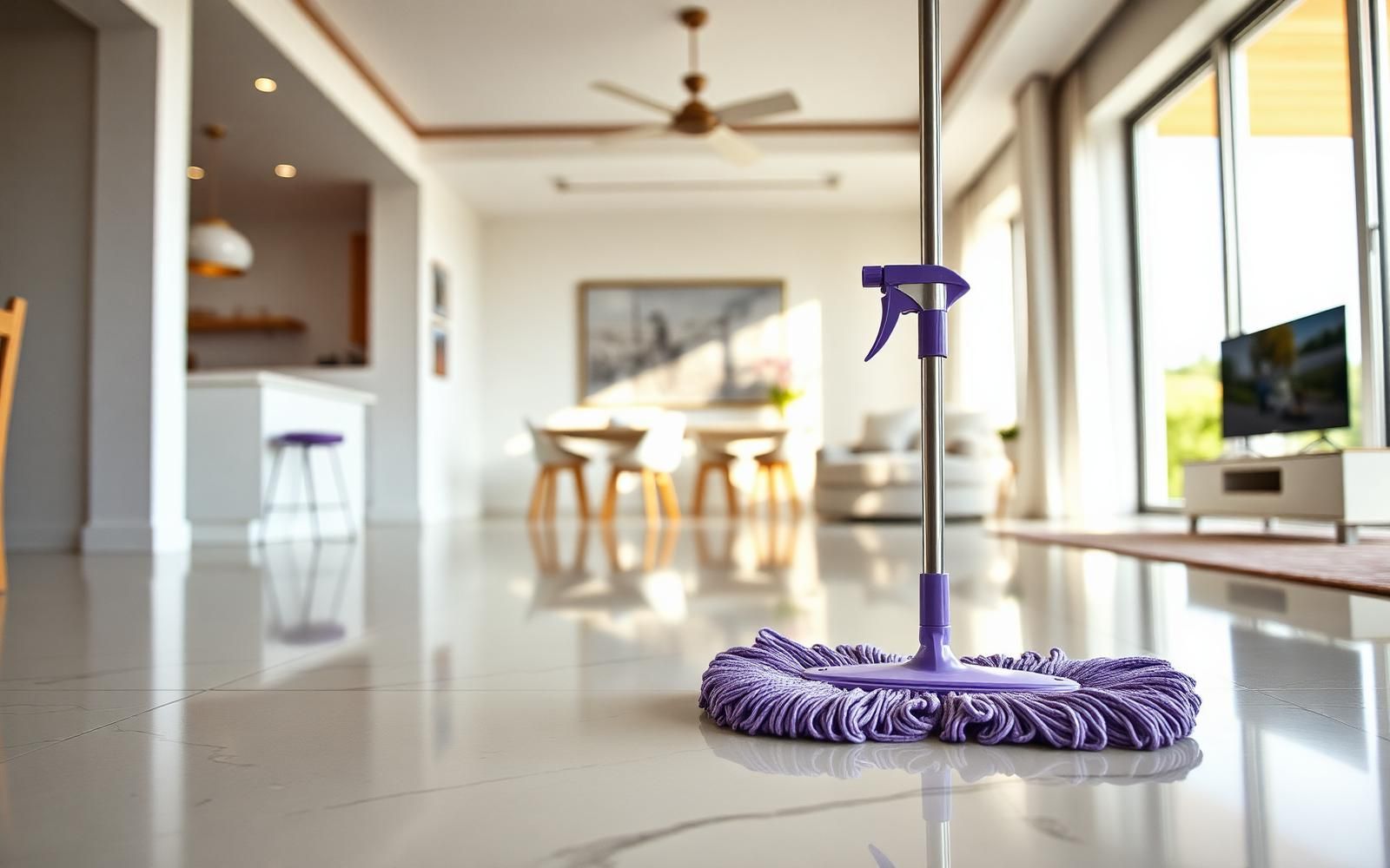 One Bottle, Every Room: How to Use the Whitix Surface Cleaner Across Your Whole Home Whitix microfibre mop and spray bottle on a gleaming marble floor of a modern Indian living-dining space